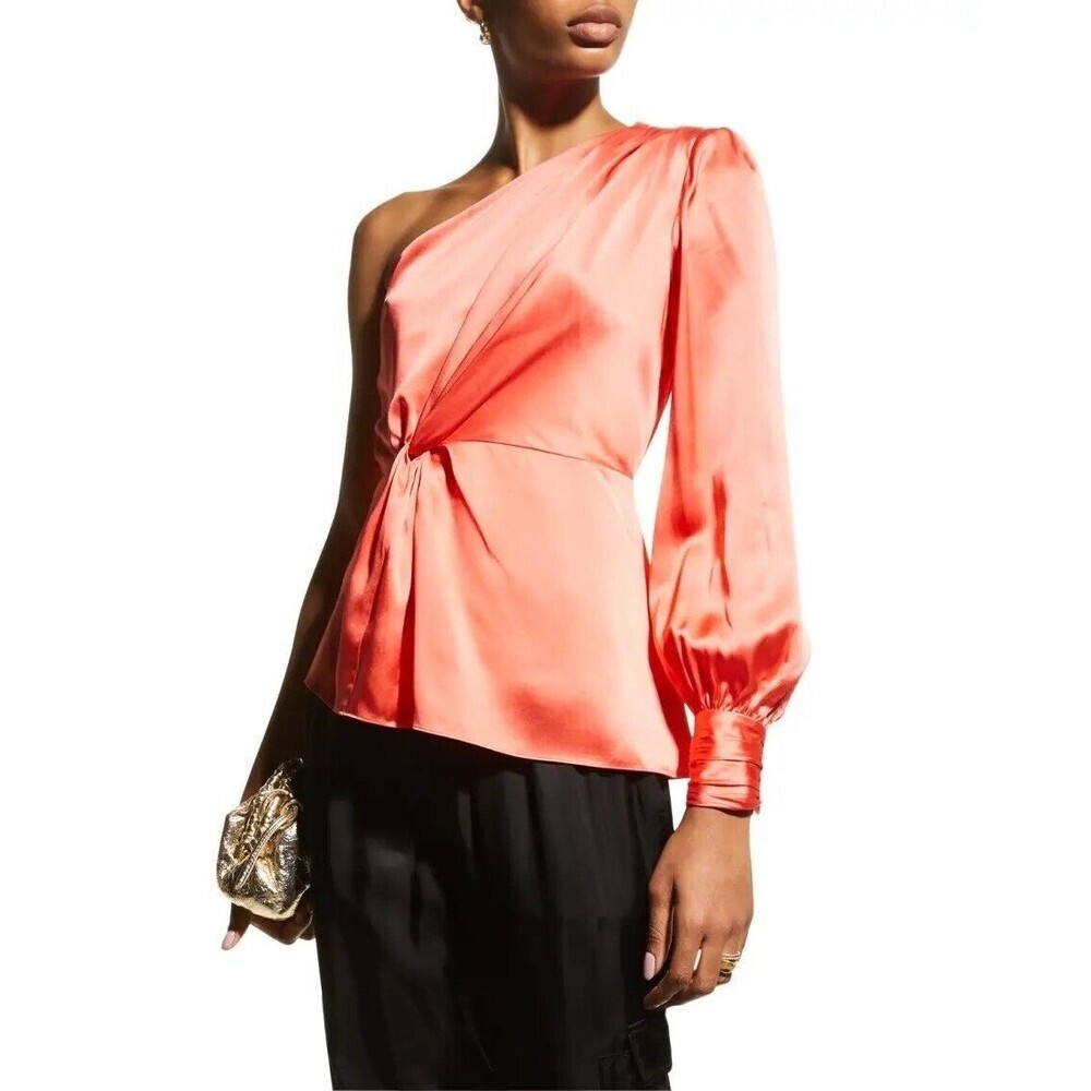CINQ A SEPT Womens XS P ‎ Stace One-Shoulder Top Neon Coral Silk New
